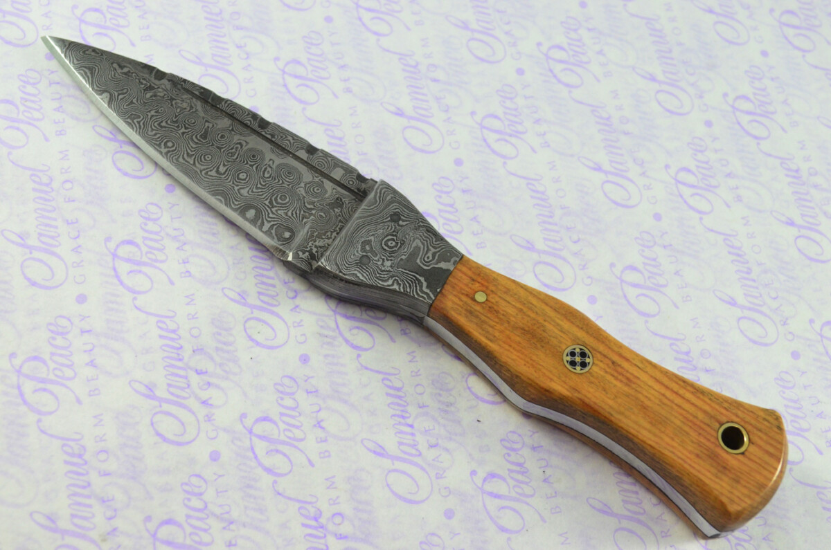 Unique New Genuine Damascus Steel Bespoke Full Tang Kiln Dried Olive Wood Handle Sheffield Sgian Dubh with Leather Sheath Gift Boxed - Image 3