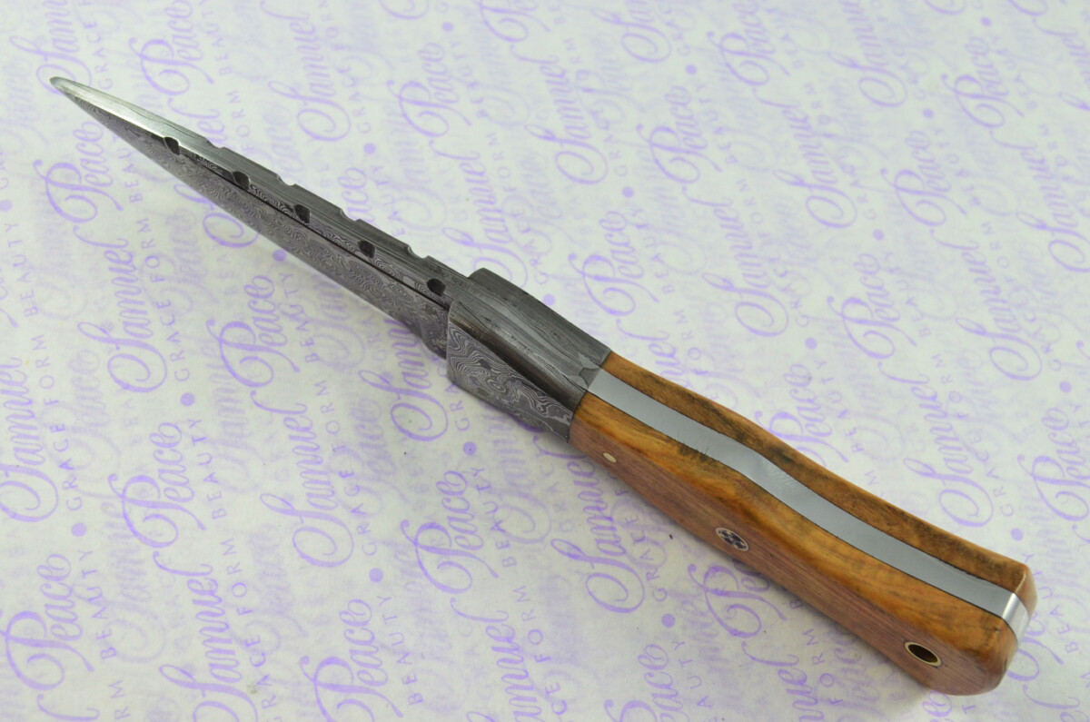 Unique New Genuine Damascus Steel Bespoke Full Tang Kiln Dried Olive Wood Handle Sheffield Sgian Dubh with Leather Sheath Gift Boxed - Image 7