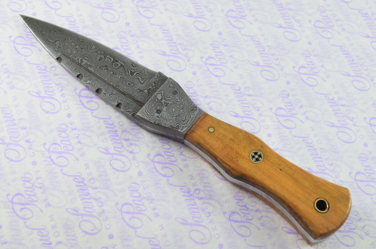Unique New Genuine Damascus Steel Bespoke Full Tang Kiln Dried Olive Wood Handle Sheffield Sgian Dubh with Leather Sheath Gift Boxed - Image 8