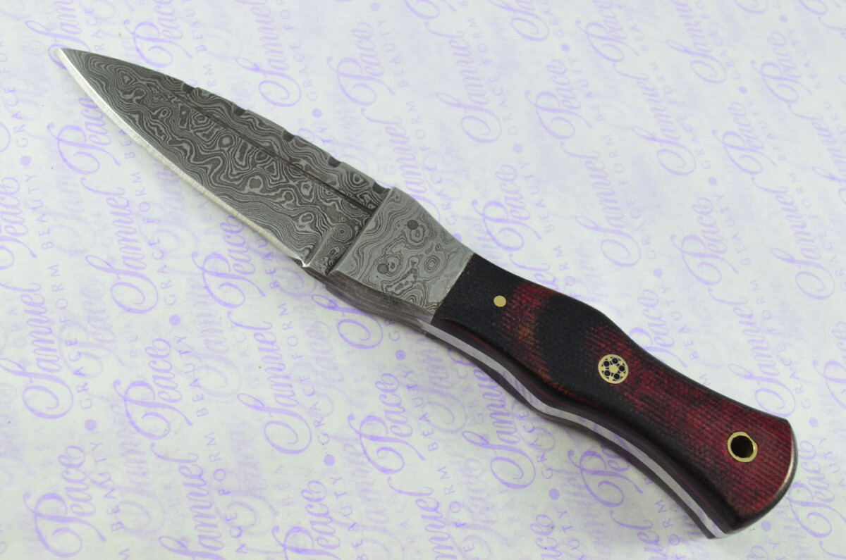 New Genuine Damascus Steel Bespoke Full Tang Red & Black Micarta Handle Sheffield Sgian Dubh with Leather Sheath Boxed - Image 3