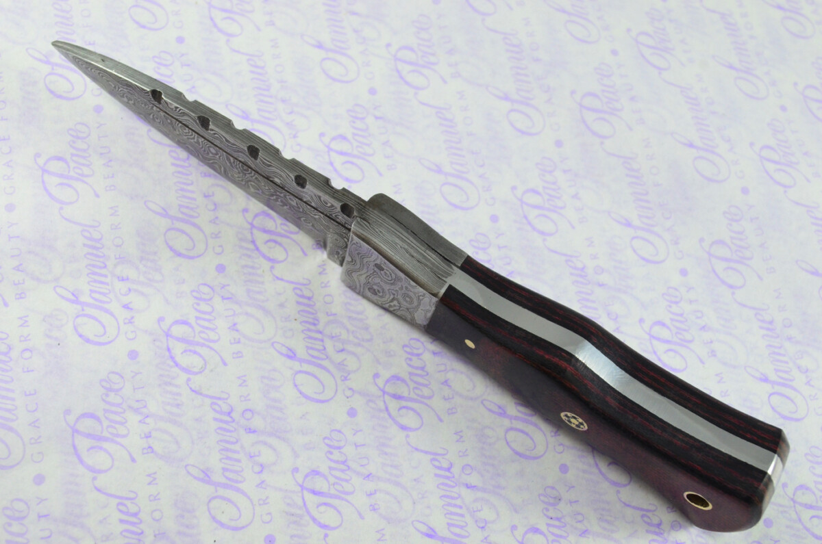 New Genuine Damascus Steel Bespoke Full Tang Red & Black Micarta Handle Sheffield Sgian Dubh with Leather Sheath Boxed - Image 7