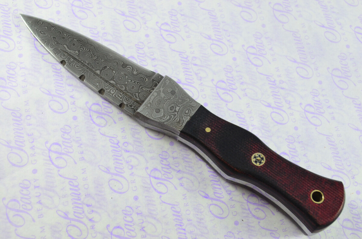 New Genuine Damascus Steel Bespoke Full Tang Red & Black Micarta Handle Sheffield Sgian Dubh with Leather Sheath Boxed - Image 4