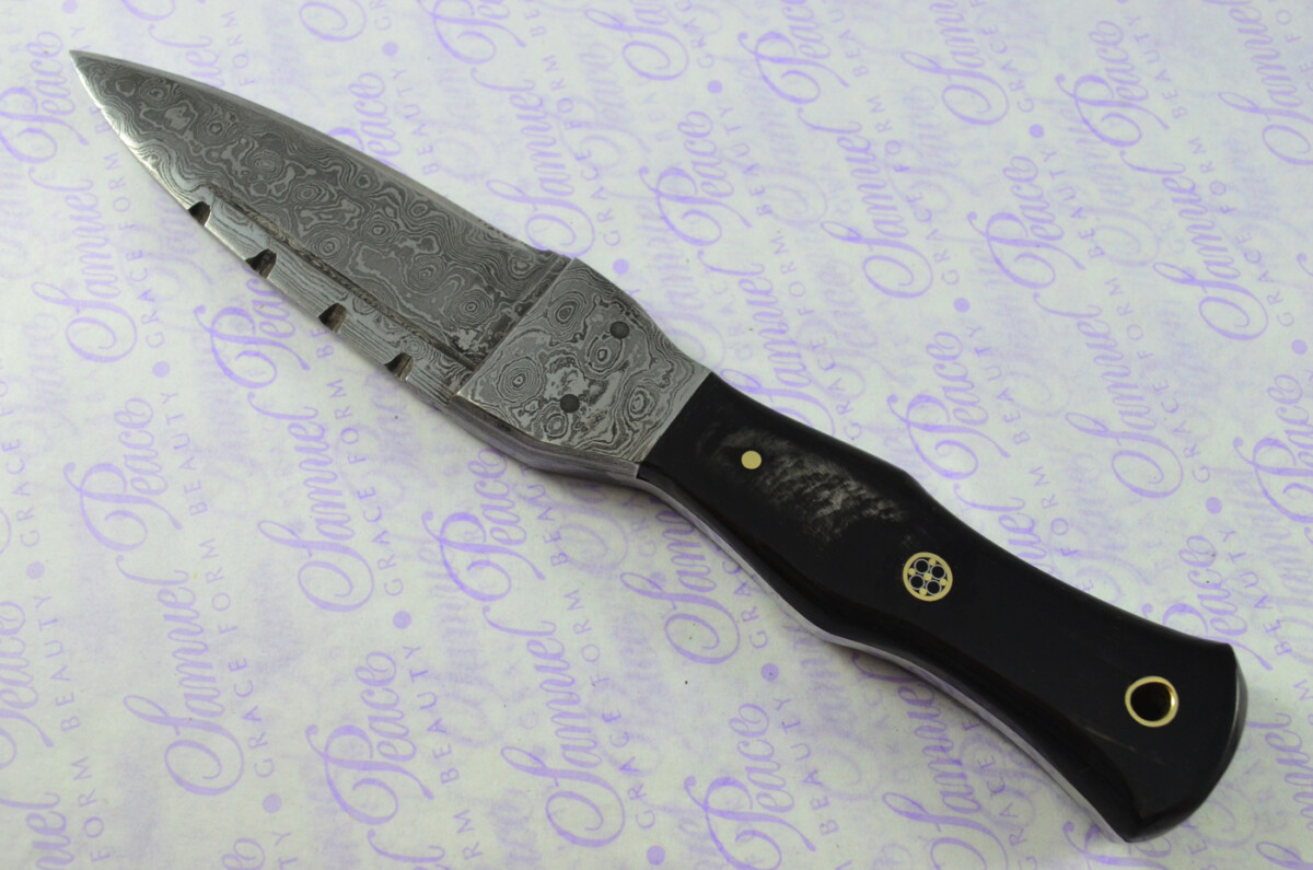 New Genuine Damascus Steel Bespoke Full Tang Water Buffalo Handle Sheffield Sgian Dubh with Leather Sheath Boxed - Image 5
