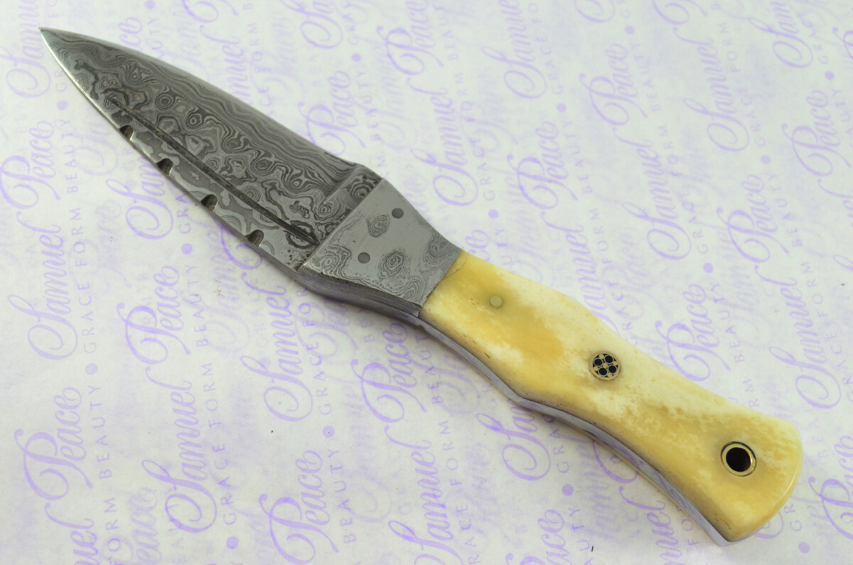 Unique New Genuine Damascus Steel Bespoke Full Tang Camel Bone Handle Sheffield Sgian Dubh with Leather Sheath Gift Boxed - Image 3