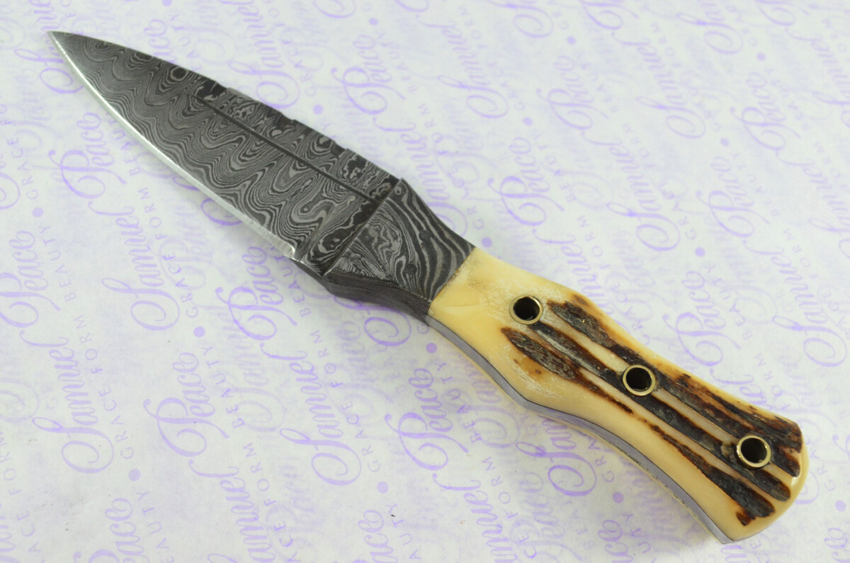 New Genuine Damascus Steel Bespoke Full Tang Stag Horn Antler Handle Sheffield Sgian Dubh with Leather Sheath Boxed - Image 3