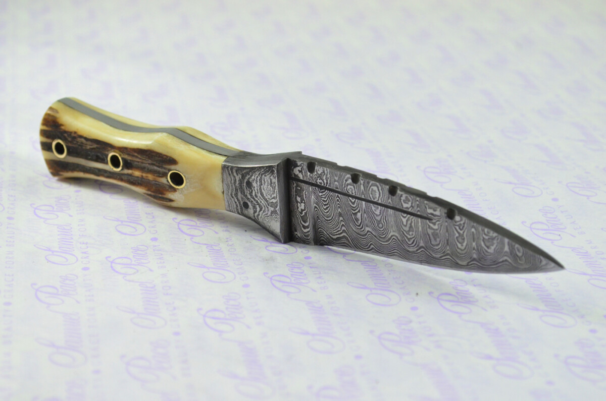 New Genuine Damascus Steel Bespoke Full Tang Stag Horn Antler Handle Sheffield Sgian Dubh with Leather Sheath Boxed - Image 9