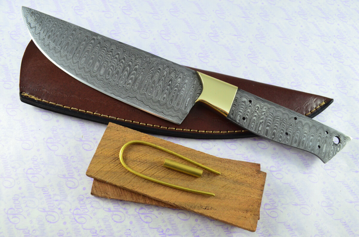 Kitchen Knife Making Kit! Fantastic Damascus Steel Chef's Knife Olive Wood Scales Unbelievable Piece Pristine Leather Sheath