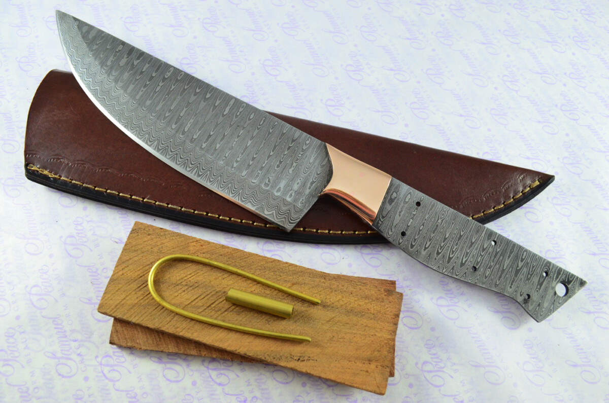 Kitchen Knife Making Kit! Fantastic Damascus Steel Chef's Knife Olive Wood Scales Unbelievable Piece Pristine Leather Sheath