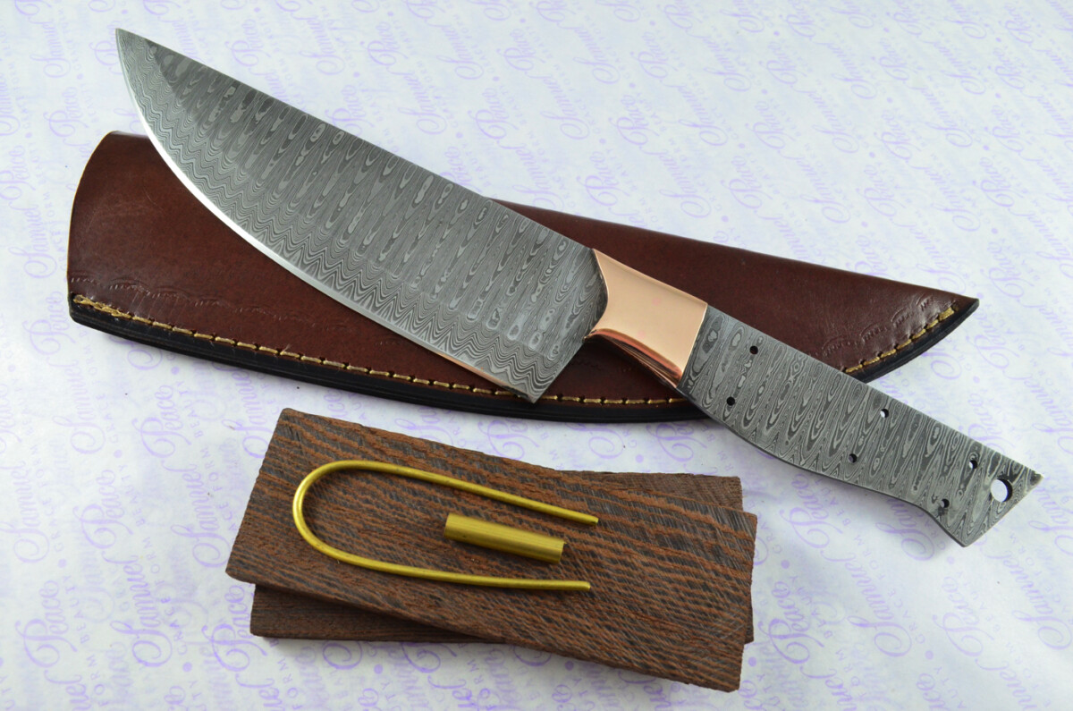 Kitchen Knife Making Kit! Fantastic Damascus Steel Chef's Knife Ironwood Scales Unbelievable Piece Pristine Leather Sheath