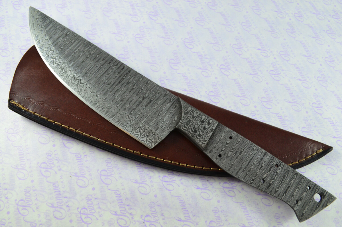 Kitchen Knife Making Kit! Fantastic Damascus Steel Chef's Knife Olive Wood Scales Unbelievable Piece Pristine Leather Sheath - Image 2