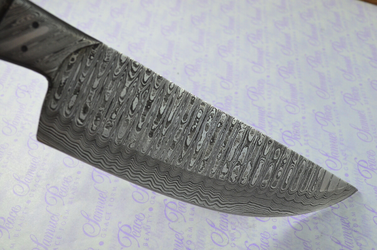 Kitchen Knife Making Kit! Fantastic Damascus Steel Chef's Knife Olive Wood Scales Unbelievable Piece Pristine Leather Sheath - Image 6