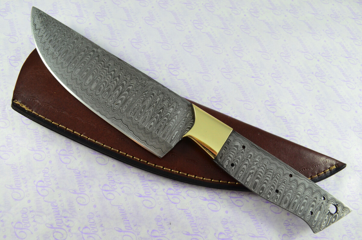 Kitchen Knife Making Kit! Fantastic Damascus Steel Chef's Knife Olive Wood Scales Unbelievable Piece Pristine Leather Sheath - Image 2