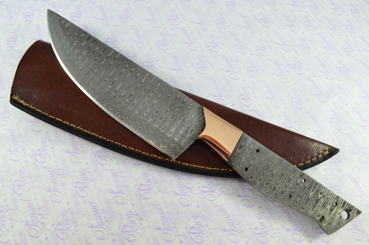 Kitchen Knife Making Kit! Fantastic Damascus Steel Chef's Knife Ironwood Scales Unbelievable Piece Pristine Leather Sheath - Image 3