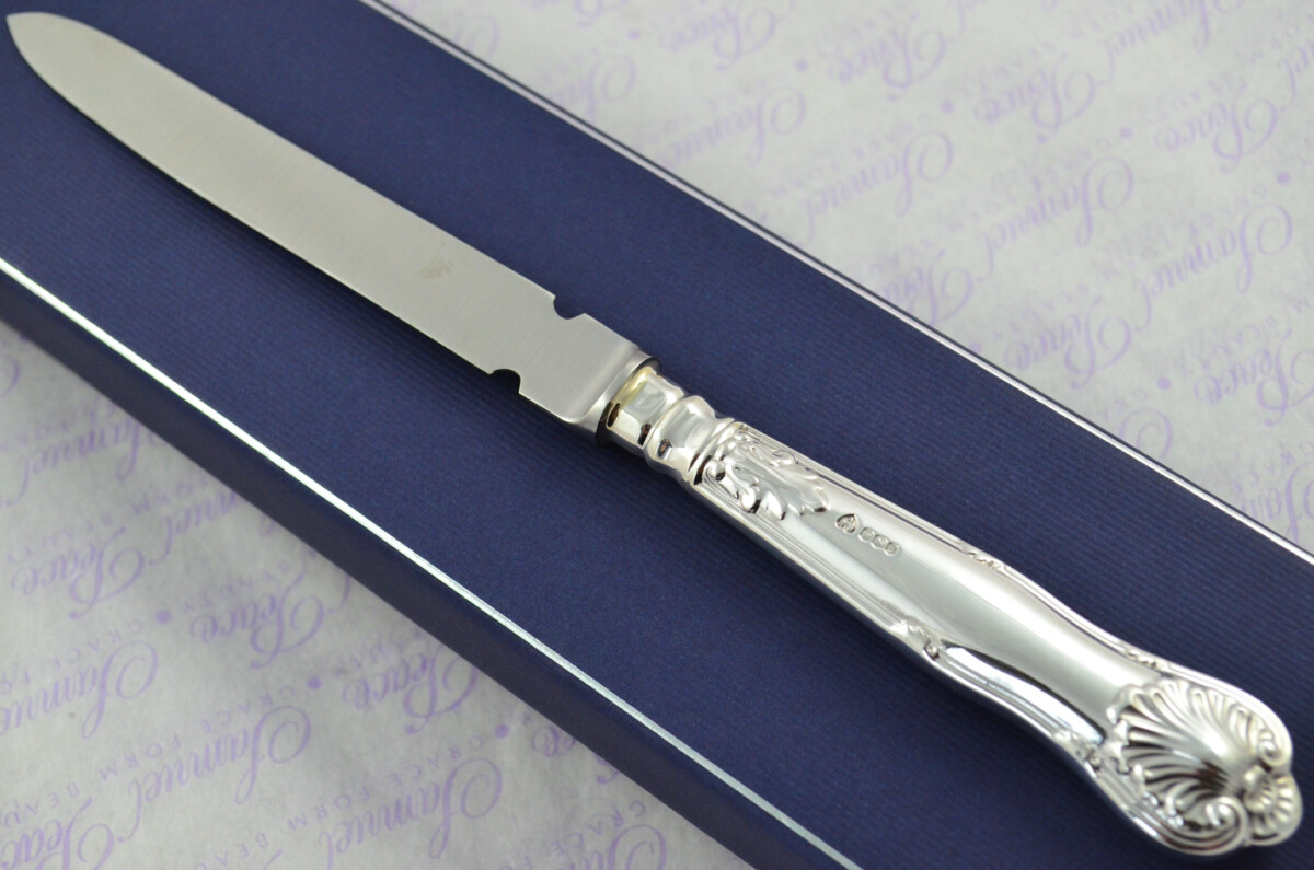 A. Haviland-Nye Cased Sheffield Sterling Silver Handled Letter Opener Kings Husk Pattern 1972
