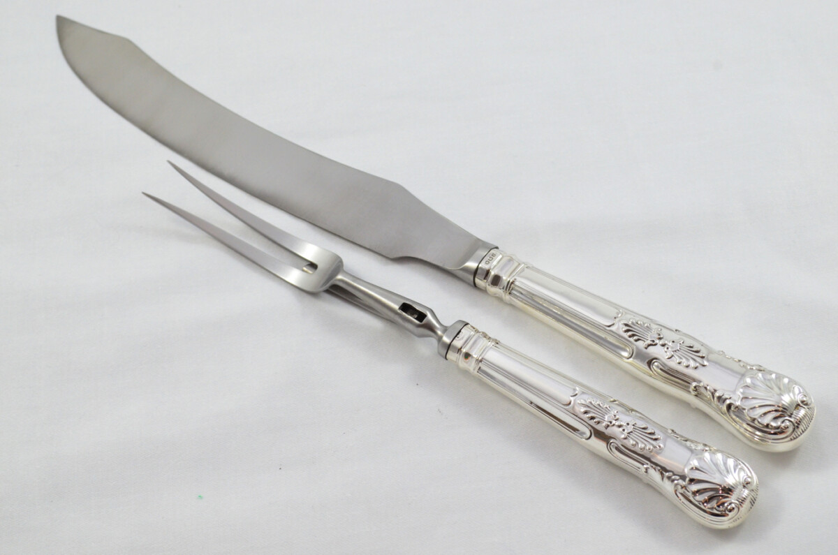 Roberts & Belk Wooden Cased Sterling Silver Handled 2 Piece Carving Set Kings Pattern 1898 - Image 2
