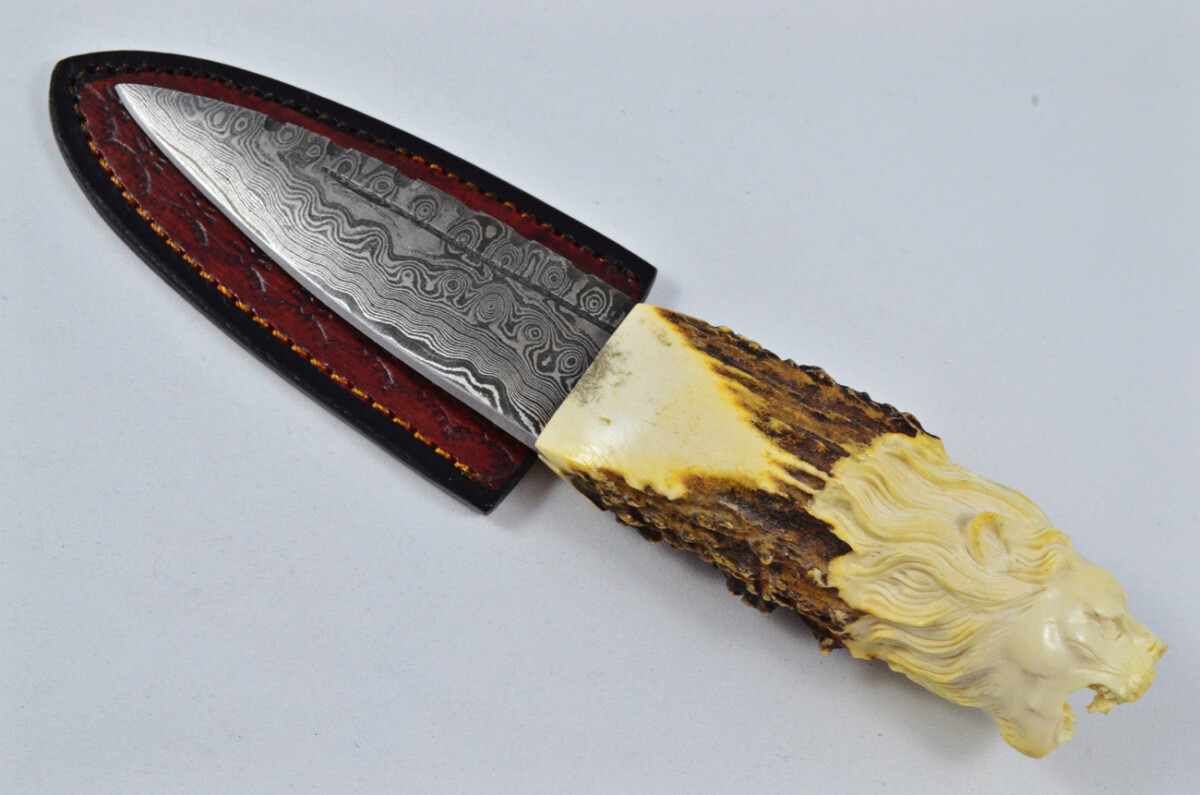Amazing Bespoke Hand Carved Lion Stag Horn Antler Handle Sgian Dubh Damascus Blade Sheffield England - Image 3