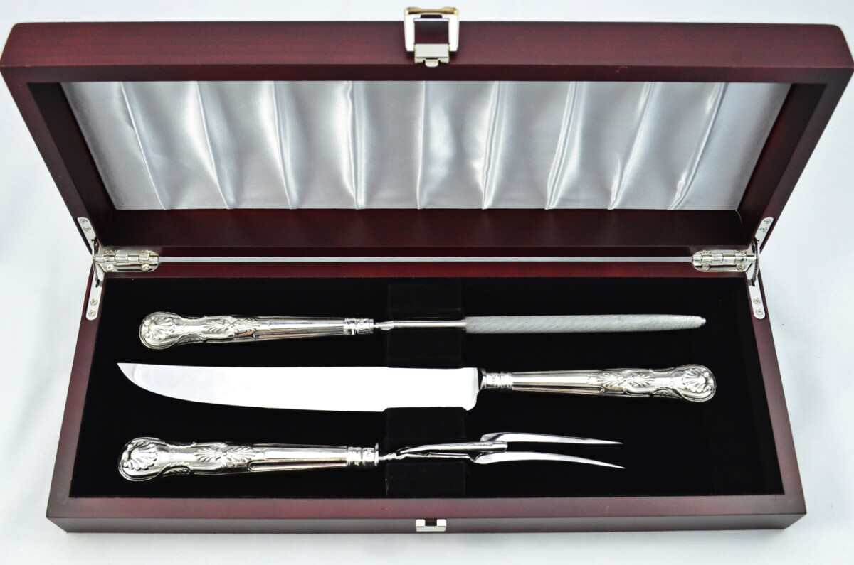 Henry Howson Rare Wooden Cased Sterling Silver Handled 3 Piece Carving Set Kings Pattern 1877