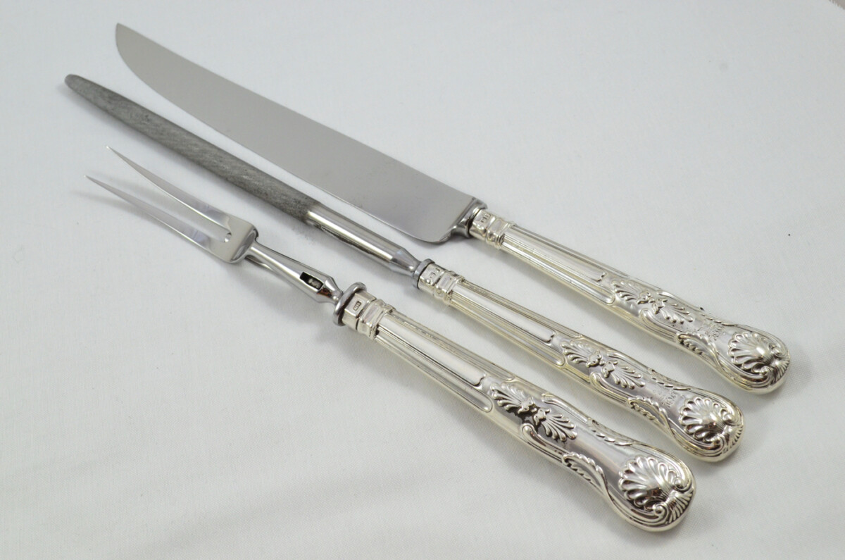 Henry Howson Rare Wooden Cased Sterling Silver Handled 3 Piece Carving Set Kings Pattern 1877 - Image 2