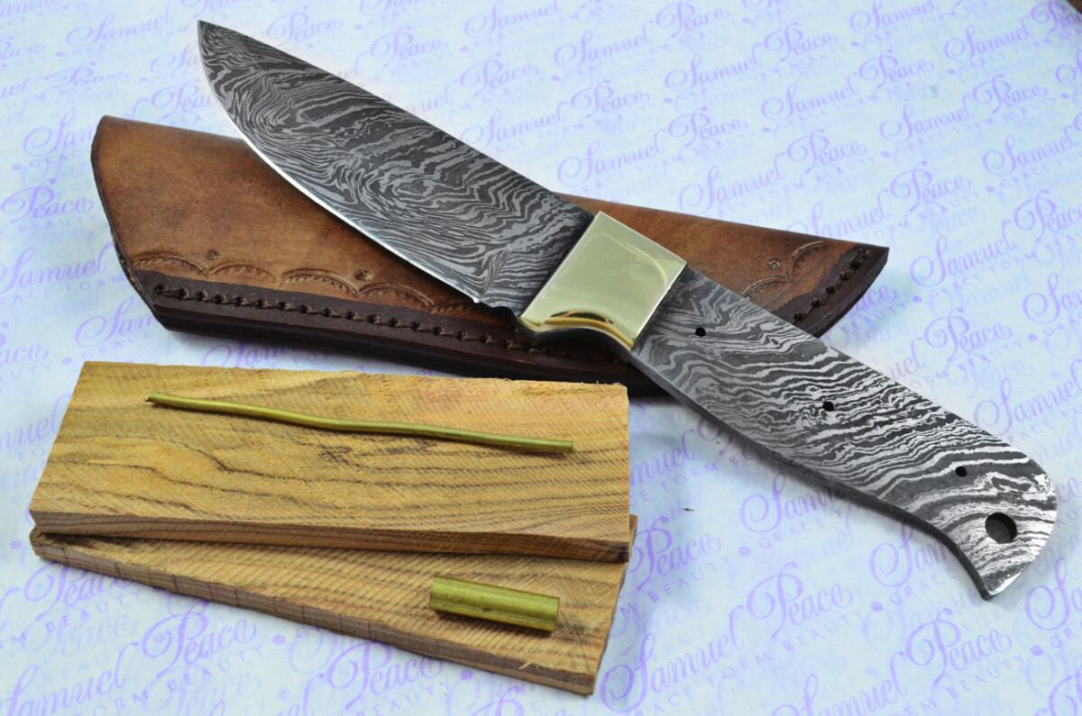 Knife Making Kit! Damascus Steel Hunting/Bowie Knife Olive Wood Scales Brass Bolster inc Leather Sheath