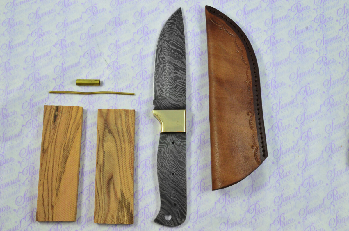 Knife Making Kit! Damascus Steel Hunting/Bowie Knife Olive Wood Scales Brass Bolster inc Leather Sheath - Image 9