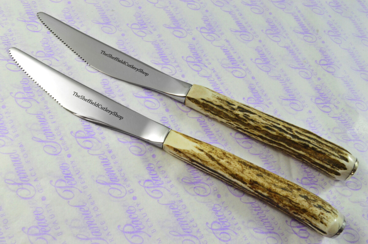 Coarse Serrate Two Genuine Stag/Antler Handle Steak/Bistro/Grill Knife Made Sheffield England