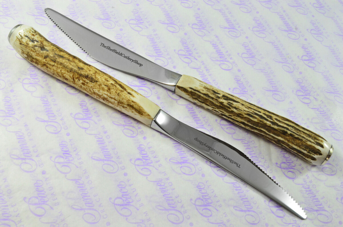 Coarse Serrate Two Genuine Stag/Antler Handle Steak/Bistro/Grill Knife Made Sheffield England - Image 3