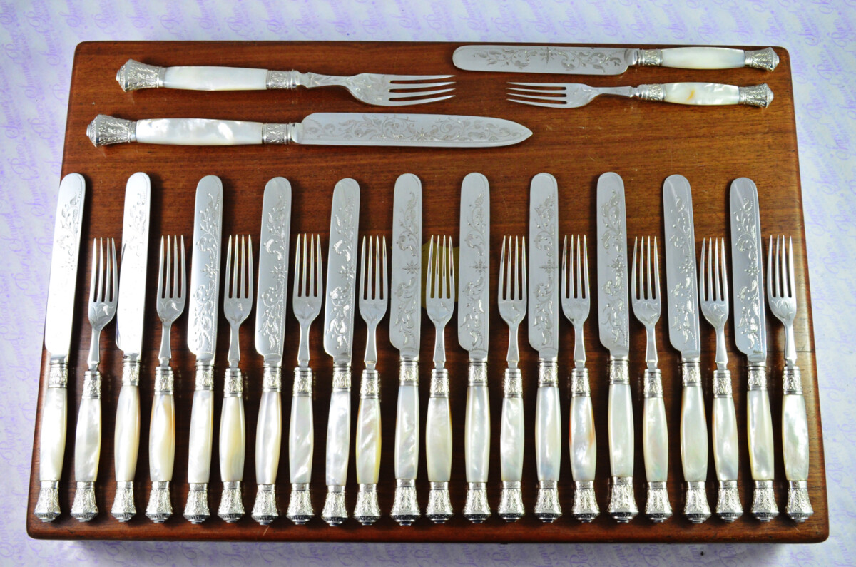Levesley Bros Sheffield Carved Mother of Of Pearl Handle Silver Capped & Ferruled Suite of Fruit Knives & Forks c1870 - Image 6