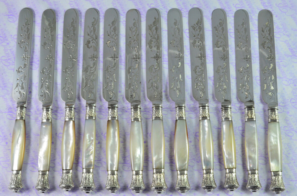 Levesley Bros Sheffield Carved Mother of Of Pearl Handle Silver Capped & Ferruled Suite of Fruit Knives & Forks c1870 - Image 5