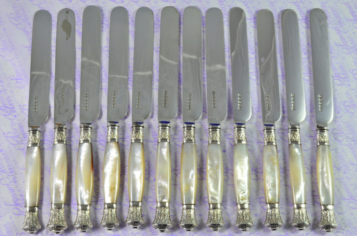 Levesley Bros Sheffield Carved Mother of Of Pearl Handle Silver Capped & Ferruled Suite of Fruit Knives & Forks c1870 - Image 4