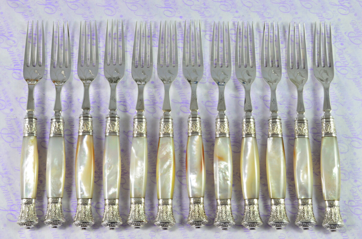 Levesley Bros Sheffield Carved Mother of Of Pearl Handle Silver Capped & Ferruled Suite of Fruit Knives & Forks c1870 - Image 9