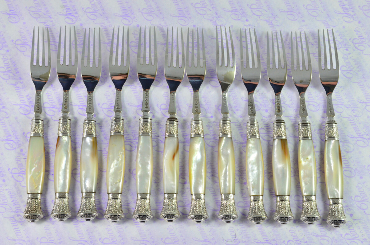 Levesley Bros Sheffield Carved Mother of Of Pearl Handle Silver Capped & Ferruled Suite of Fruit Knives & Forks c1870 - Image 8