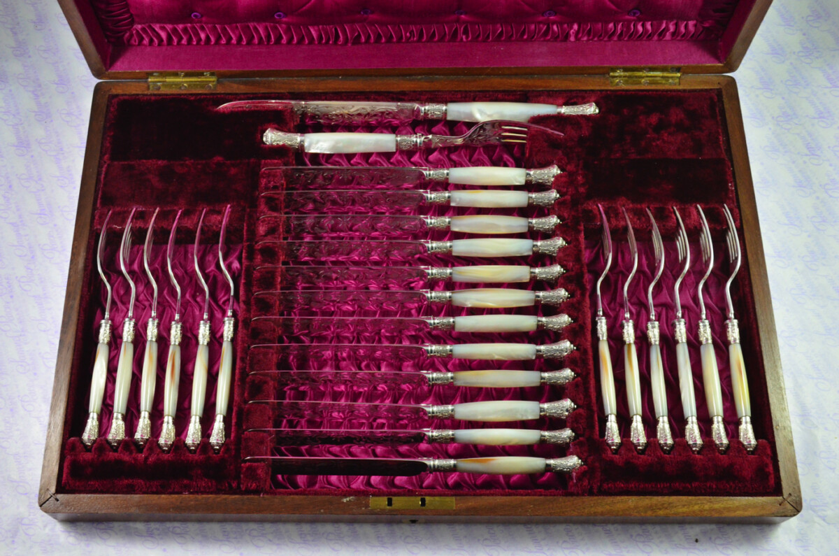 Levesley Bros Sheffield Carved Mother of Of Pearl Handle Silver Capped & Ferruled Suite of Fruit Knives & Forks c1870