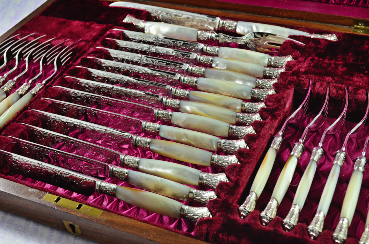 Levesley Bros Sheffield Carved Mother of Of Pearl Handle Silver Capped & Ferruled Suite of Fruit Knives & Forks c1870 - Image 2