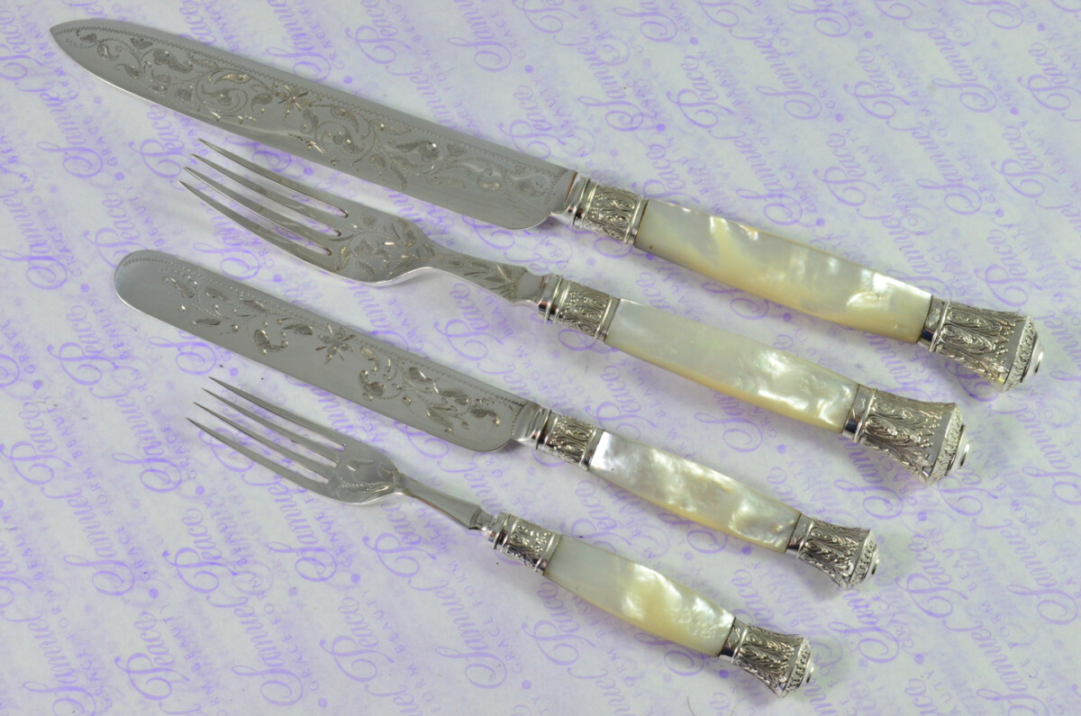 Levesley Bros Sheffield Carved Mother of Of Pearl Handle Silver Capped & Ferruled Suite of Fruit Knives & Forks c1870 - Image 7
