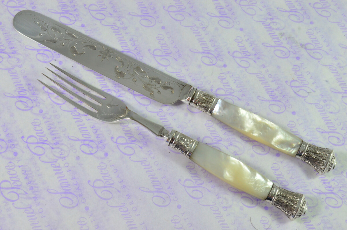 Levesley Bros Sheffield Carved Mother of Of Pearl Handle Silver Capped & Ferruled Suite of Fruit Knives & Forks c1870 - Image 13