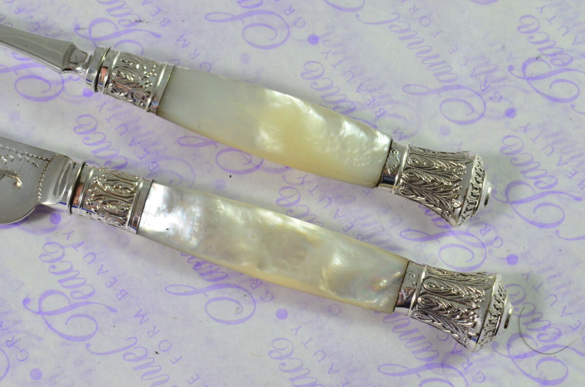 Levesley Bros Sheffield Carved Mother of Of Pearl Handle Silver Capped & Ferruled Suite of Fruit Knives & Forks c1870 - Image 12