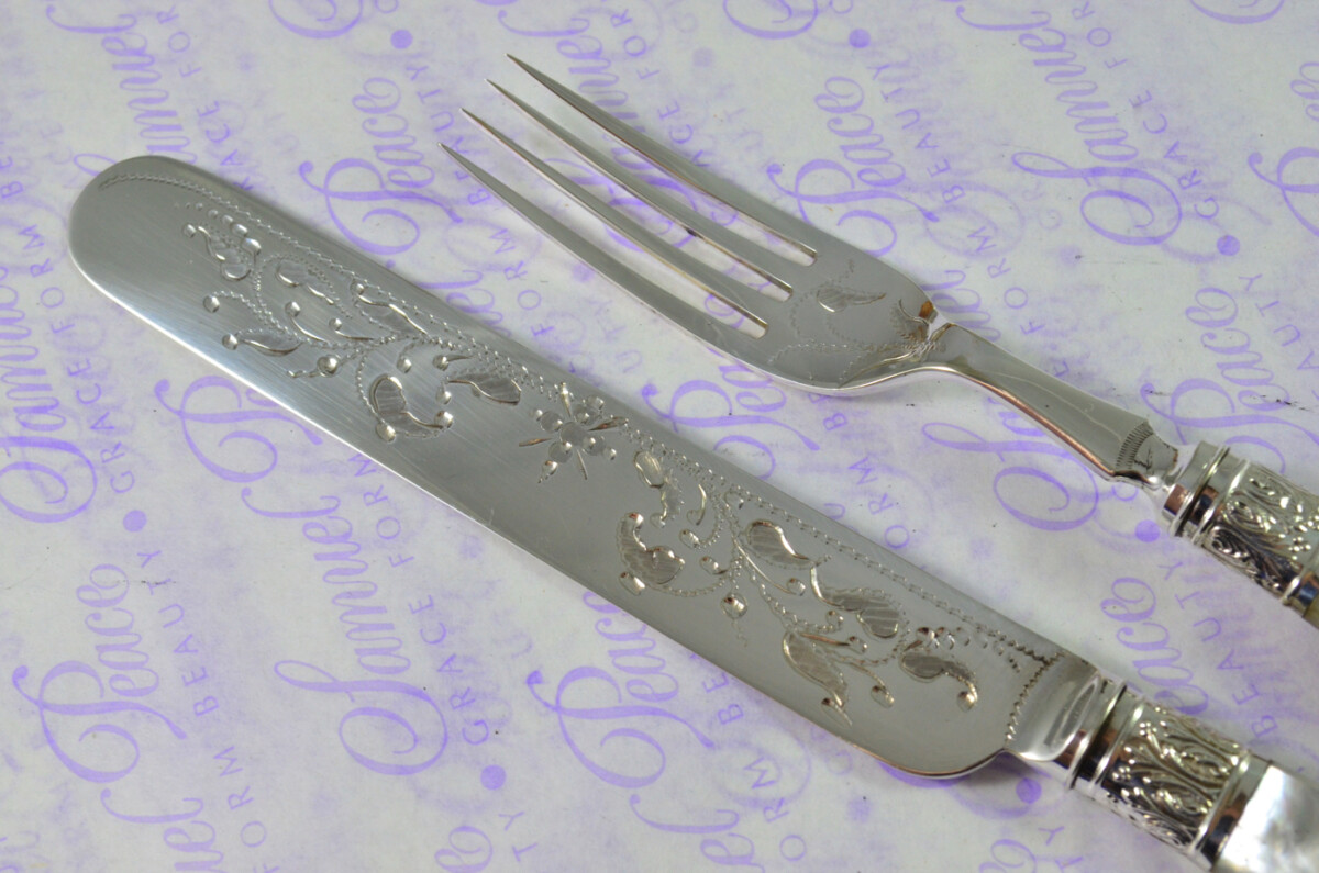 Levesley Bros Sheffield Carved Mother of Of Pearl Handle Silver Capped & Ferruled Suite of Fruit Knives & Forks c1870 - Image 11