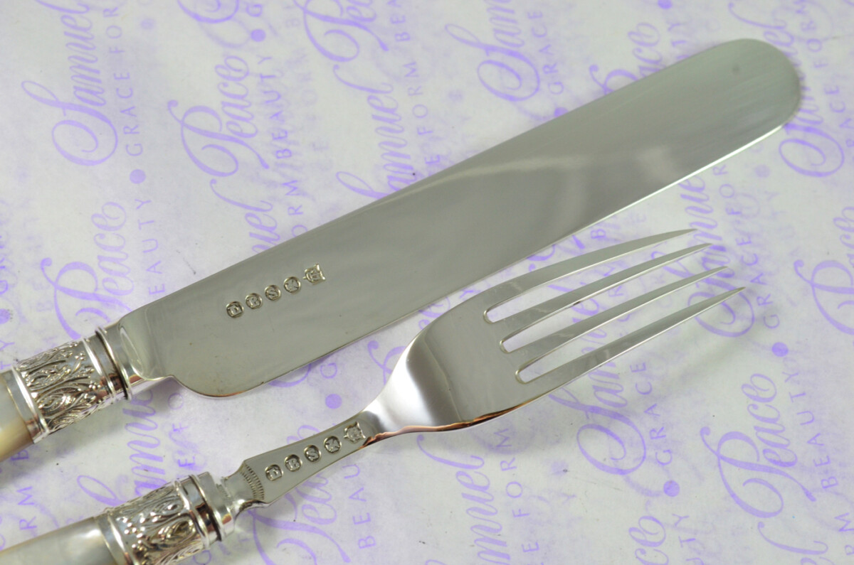 Levesley Bros Sheffield Carved Mother of Of Pearl Handle Silver Capped & Ferruled Suite of Fruit Knives & Forks c1870 - Image 10
