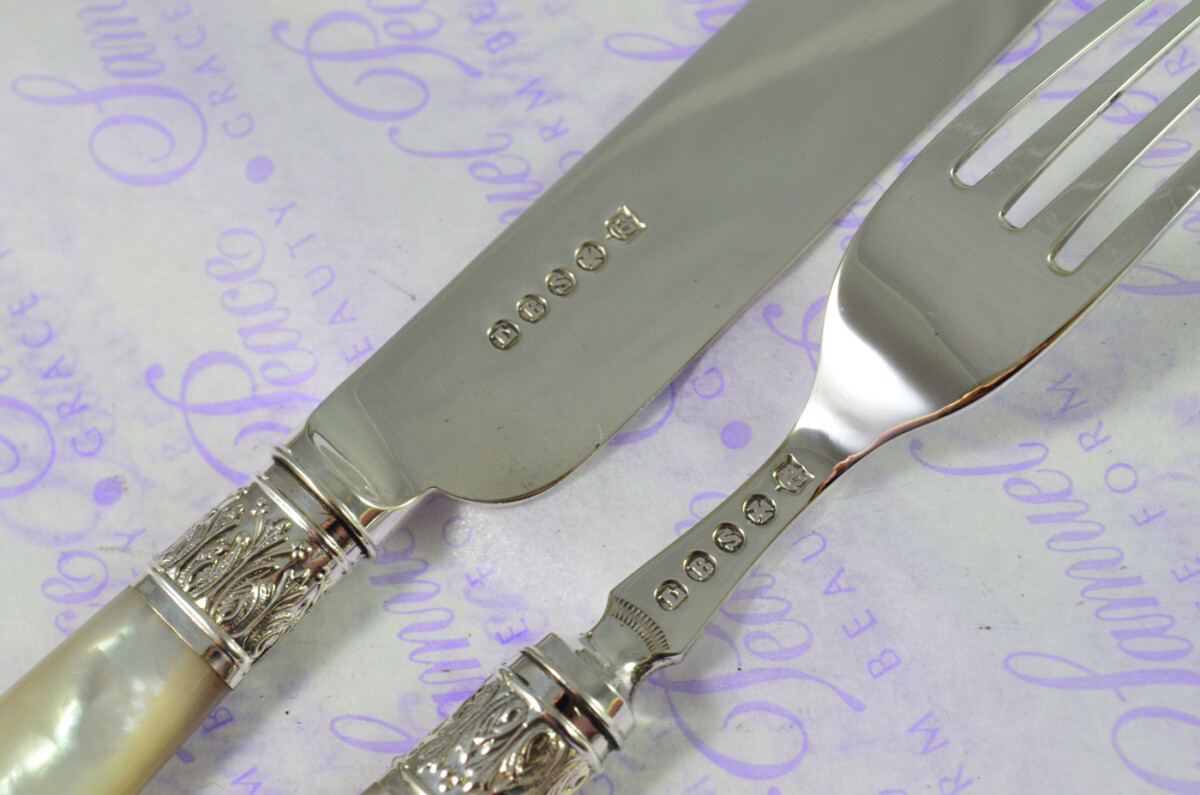 Levesley Bros Sheffield Carved Mother of Of Pearl Handle Silver Capped & Ferruled Suite of Fruit Knives & Forks c1870 - Image 16