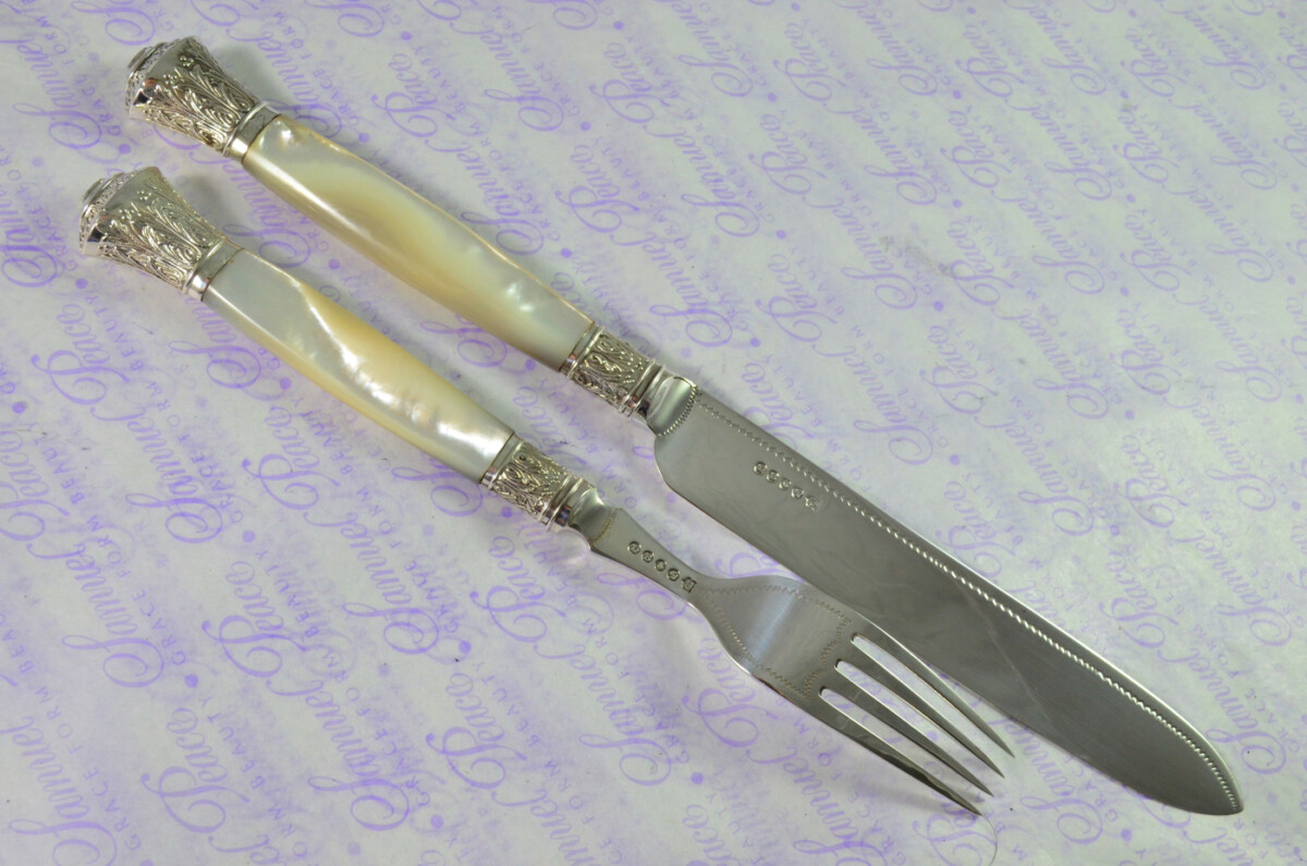 Levesley Bros Sheffield Carved Mother of Of Pearl Handle Silver Capped & Ferruled Suite of Fruit Knives & Forks c1870 - Image 15