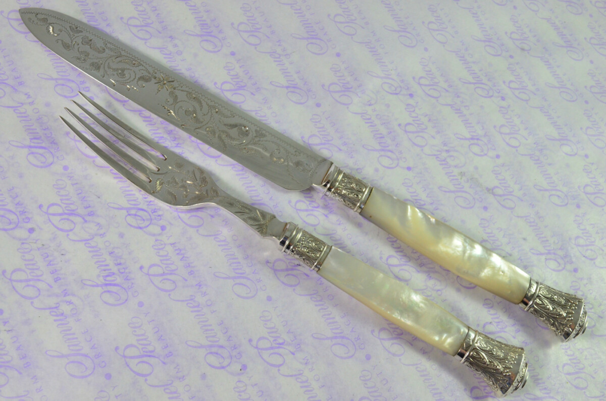 Levesley Bros Sheffield Carved Mother of Of Pearl Handle Silver Capped & Ferruled Suite of Fruit Knives & Forks c1870 - Image 14