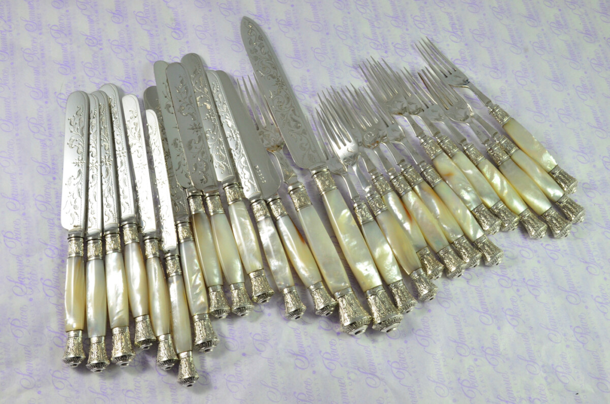 Levesley Bros Sheffield Carved Mother of Of Pearl Handle Silver Capped & Ferruled Suite of Fruit Knives & Forks c1870 - Image 17