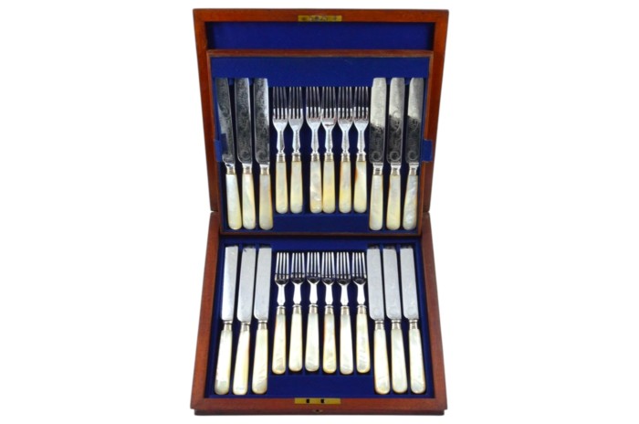 12 Knives & 12 Forks Hand Engraved Beautiful featuring Mother Of Pearl Handles c.1860