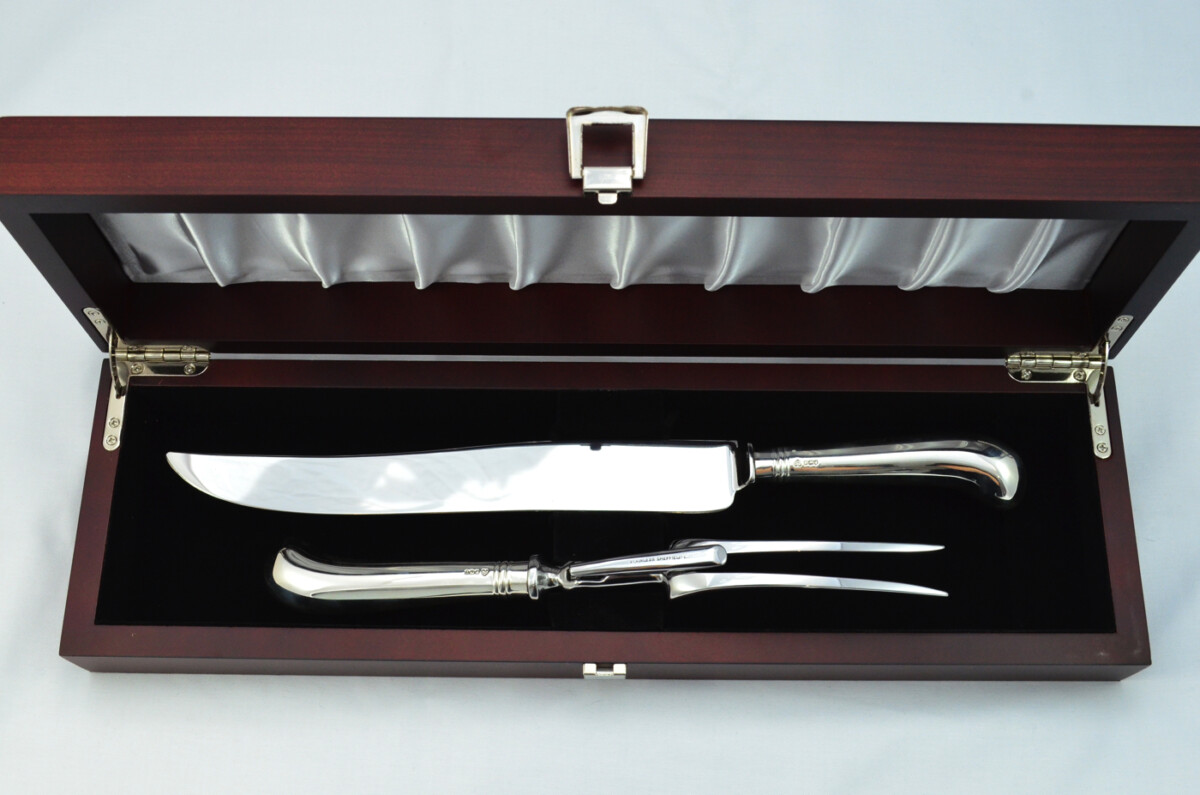 A. Haviland Nye Wooden Cased Sterling Silver Handled 2 Piece Carving Set Pistol Pattern 1973