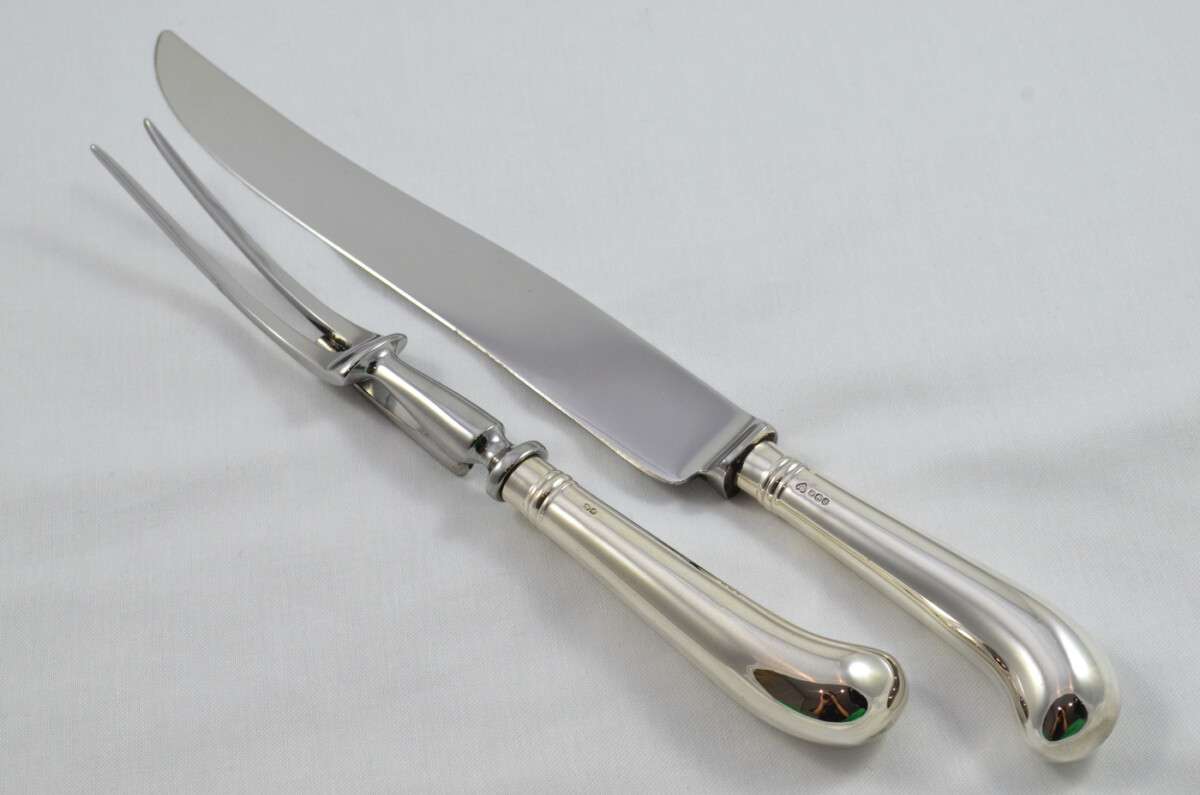 A. Haviland Nye Wooden Cased Sterling Silver Handled 2 Piece Carving Set Pistol Pattern 1973 - Image 2