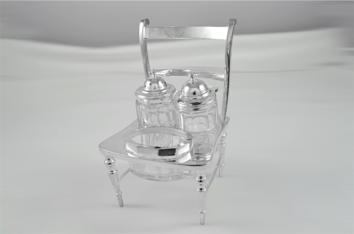 Early 1900s James Dixon & Sons Silver Plated Novelty Condiment Chair – Rare Victorian Style Cruet Set