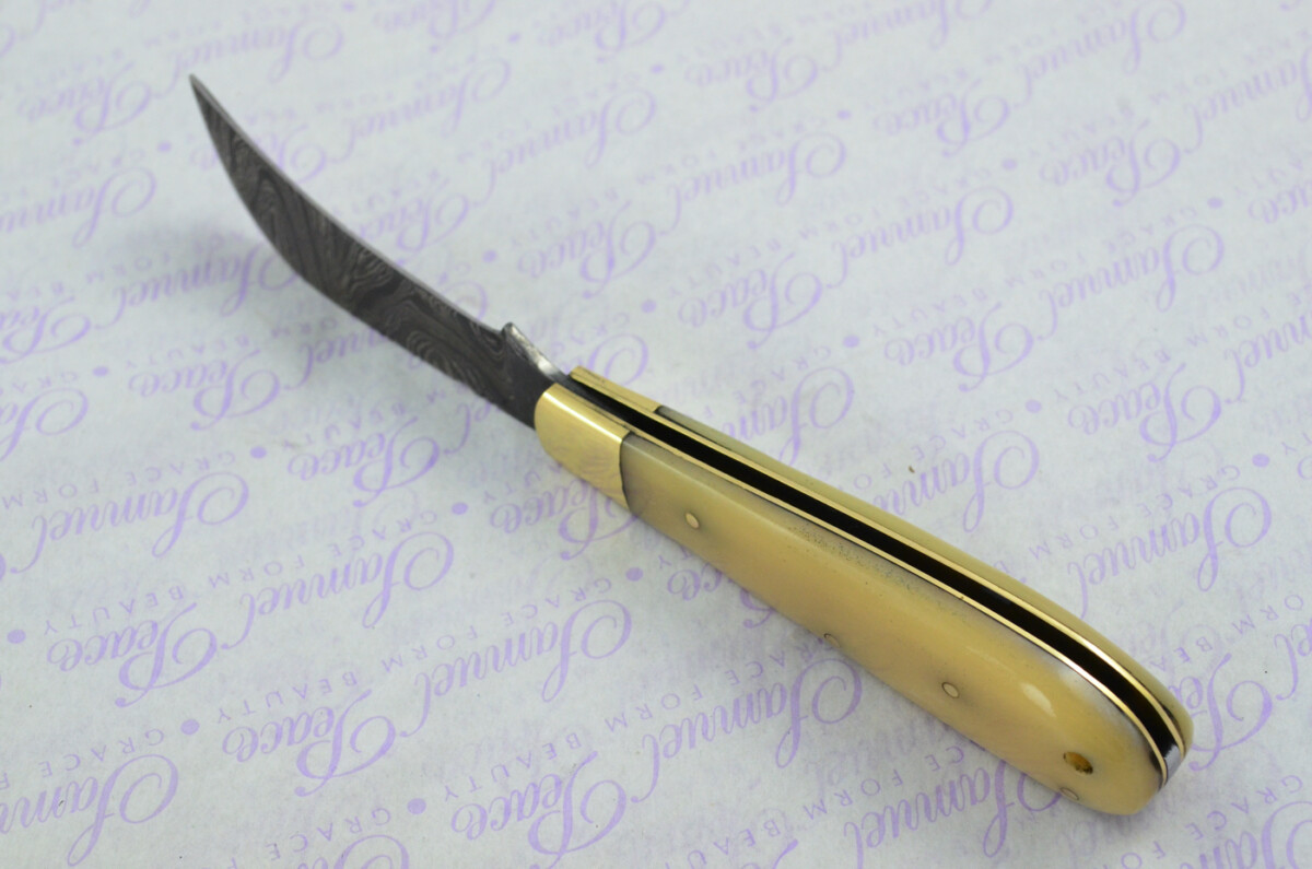 A Handmade Damascus Steel Pruning Pen/Pocket Knife - Camel Bone Scales - Image 5