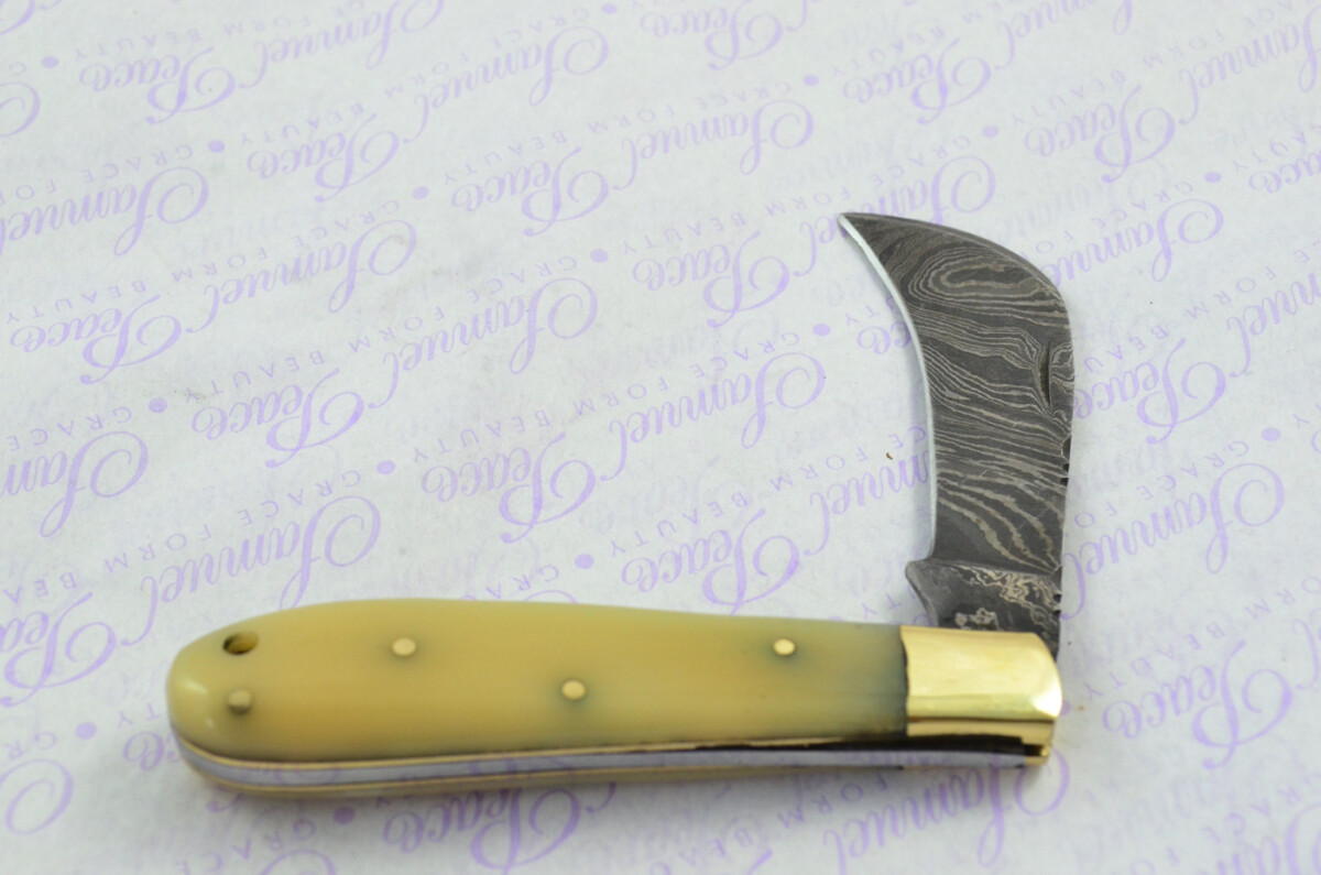 A Handmade Damascus Steel Pruning Pen/Pocket Knife - Camel Bone Scales - Image 6