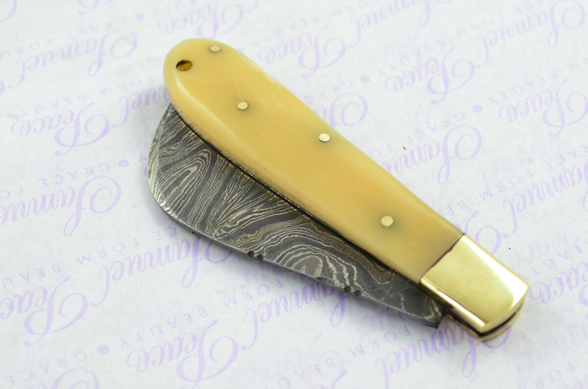 A Handmade Damascus Steel Pruning Pen/Pocket Knife - Camel Bone Scales - Image 8