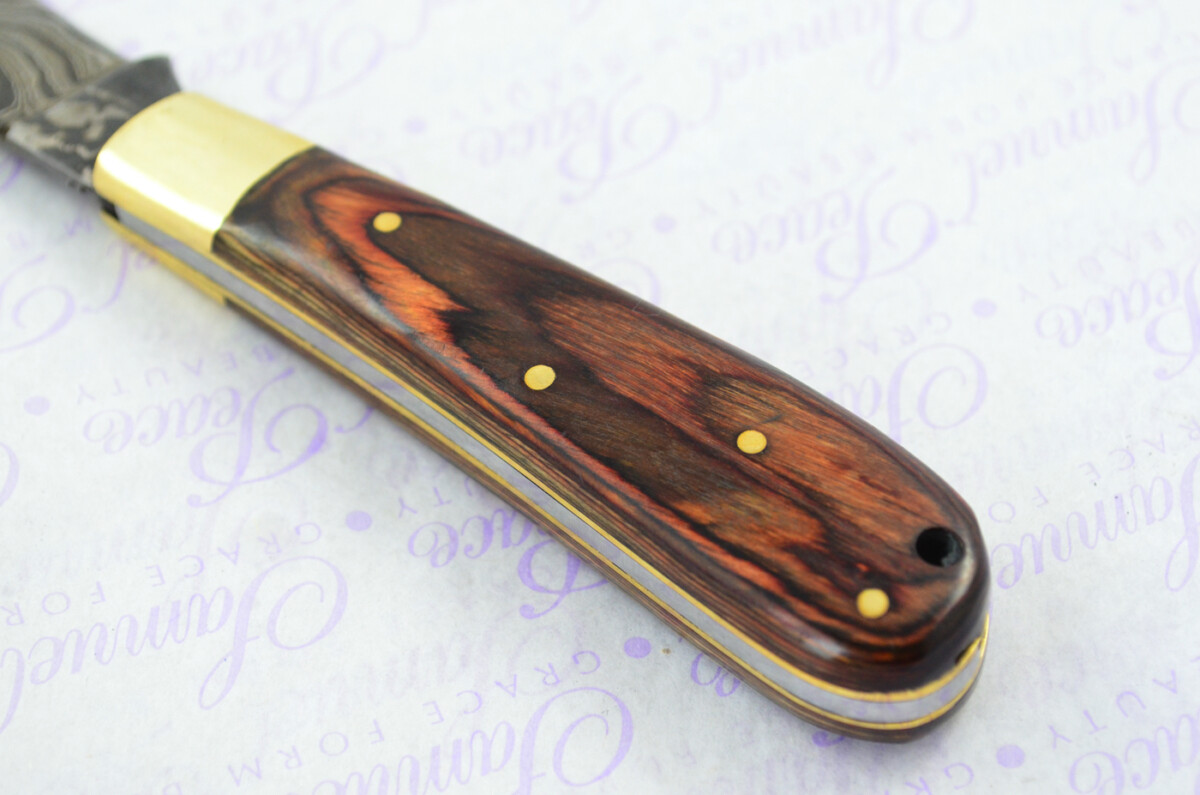 A Handmade Damascus Steel Pruning Pen/Pocket Knife - Brown Laminate Wood Scales - Image 2